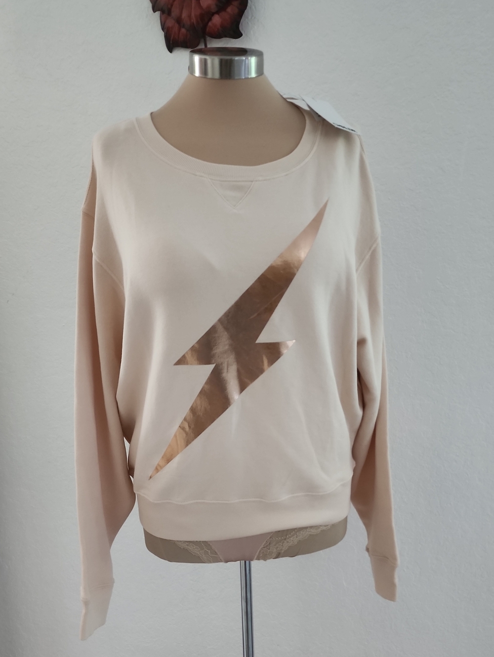 CHRLDR | Champagne Beige Sweatshirt with Metallic Lightning Bolt